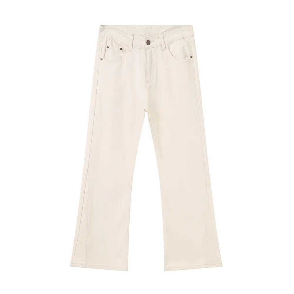 Wide-leg beige denim trousers with a casual, basic style.