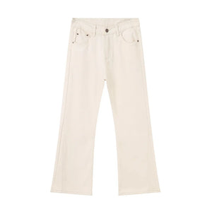 Wide-leg beige denim trousers with a casual, basic style.