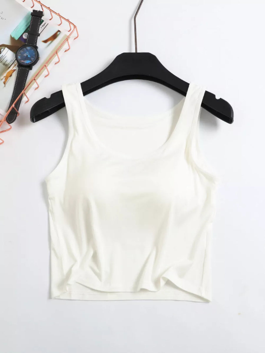 Milky White modal padded tank top with scoop neckline and wide straps.