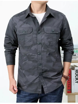 Men's Plus Size Camouflage Print Long Sleeve Shirt in Grey