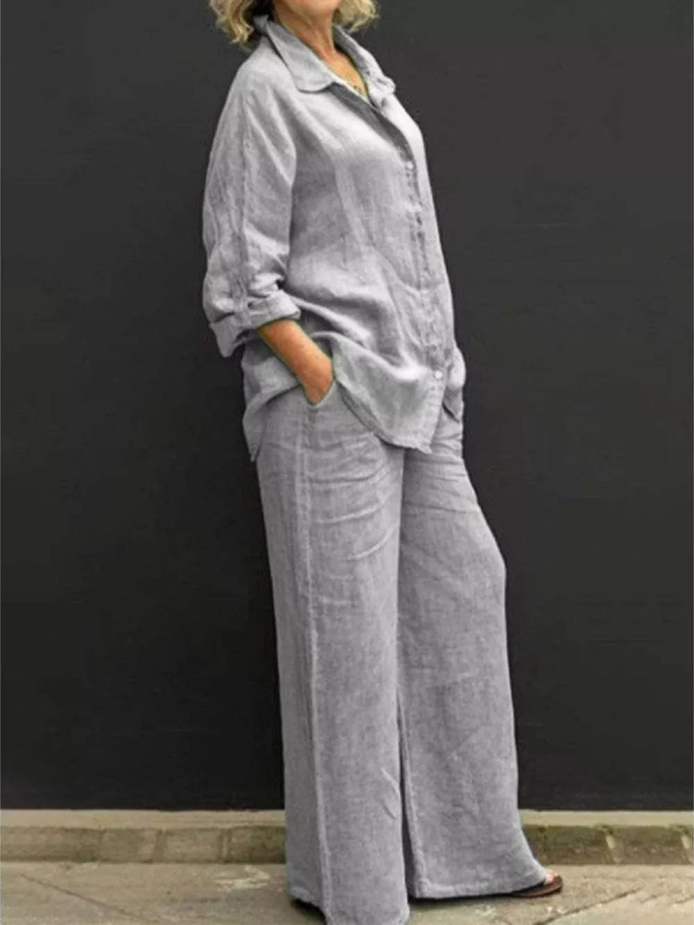 Light Gray relaxed two-piece set with buttoned collared top and wide-leg pants.