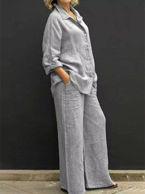 Light Gray relaxed two-piece set with buttoned collared top and wide-leg pants.
