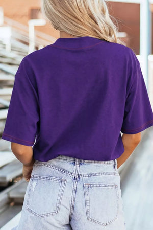 Purple cotton t-shirt with contrast stitching on neckline and sleeves.