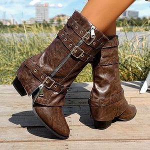 Point Toe Block Heel Boots in Black with point toe