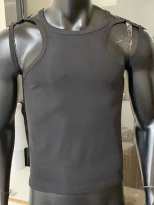 Black tank top with sculpted shoulder straps and a crew neck.