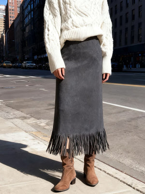 High-Waisted Suede Fringe Midi Skirt in Off-white with high-waisted
