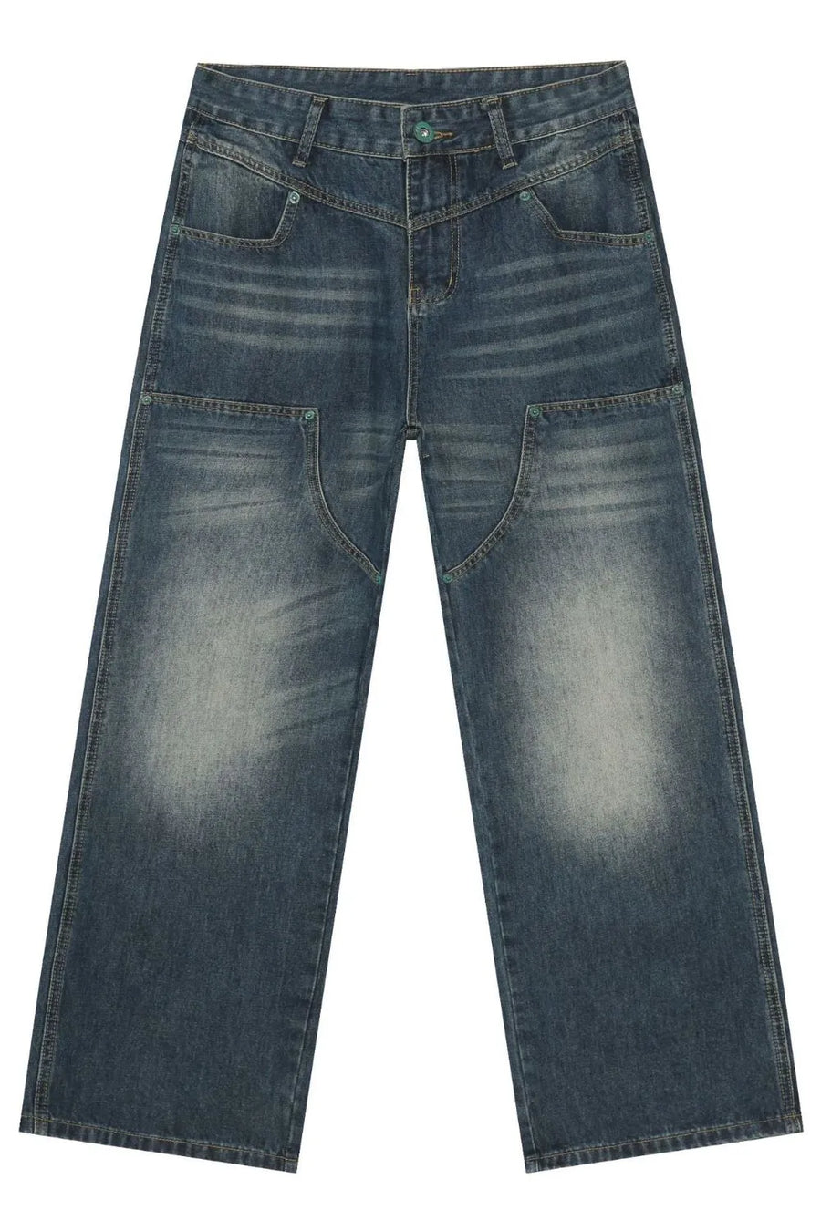 Medium wash wide-leg jeans with distressed detailing and unique pocket design