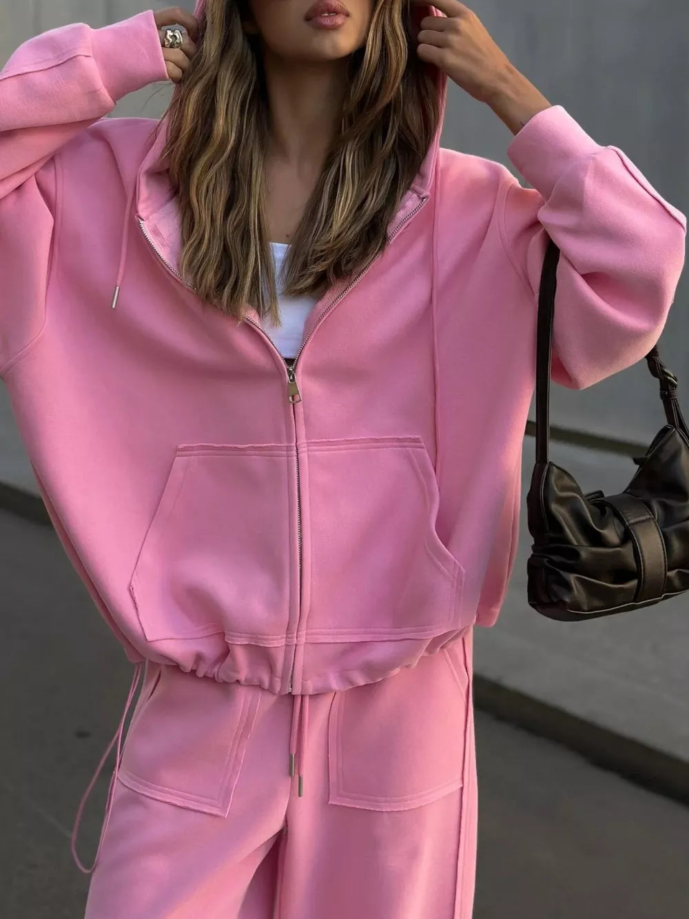 Oversized Zip-up Hoodie And Wide-leg Pants Set in Brown, view 16