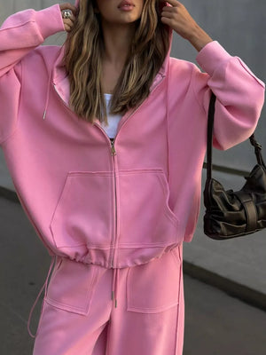 Oversized Zip-up Hoodie And Wide-leg Pants Set in Brown, view 16