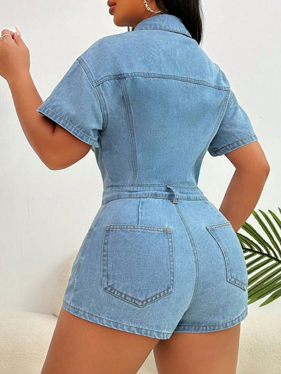 Light wash denim bustier romper with collared neckline, short sleeves, and buttoned front.