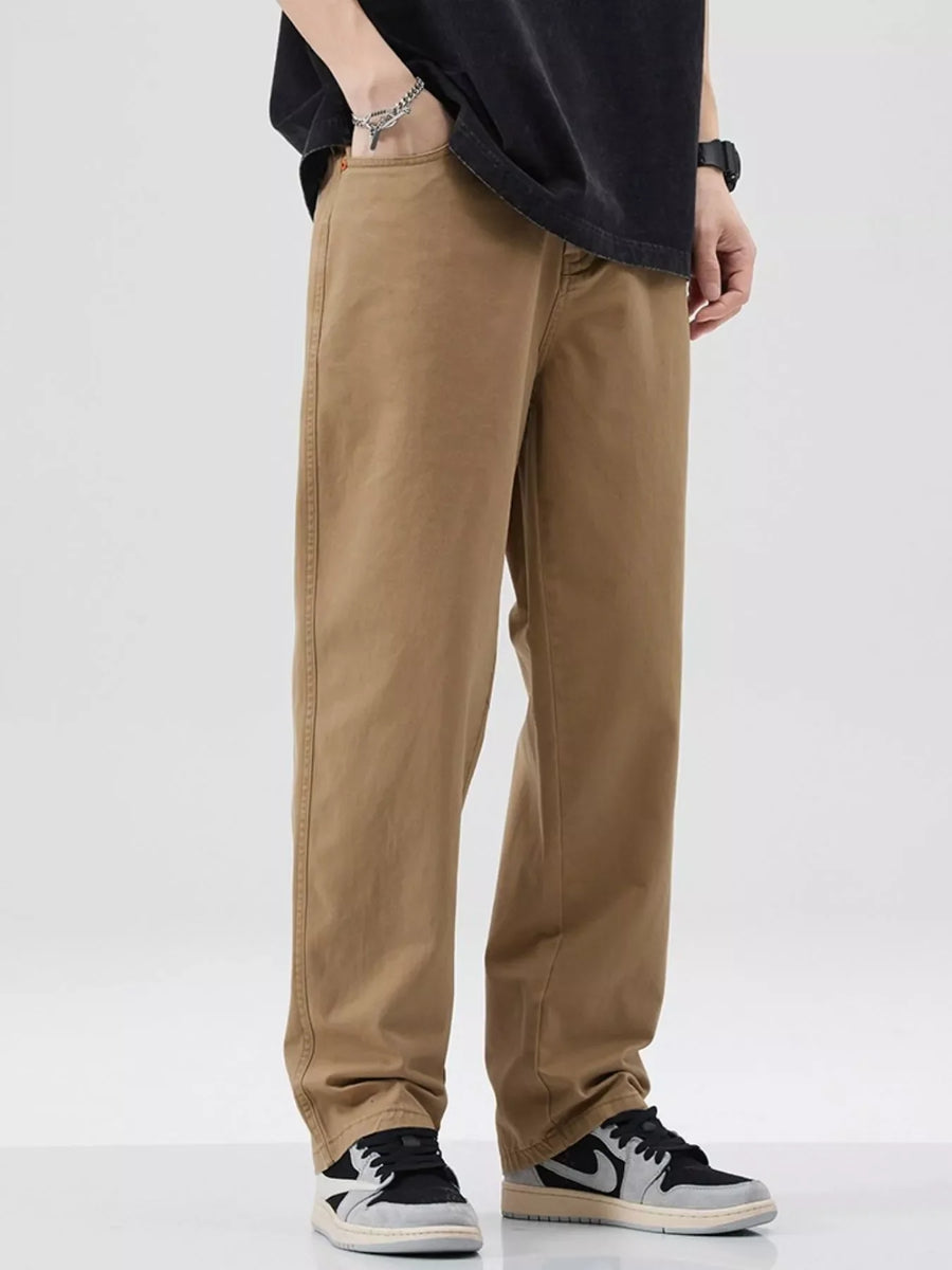 Khaki cotton pants with a relaxed fit and casual styling.