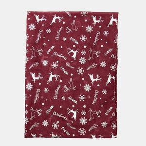 Burgundy Christmas print scarf with metallic accents and reindeer, snowflakes, and text patterns.