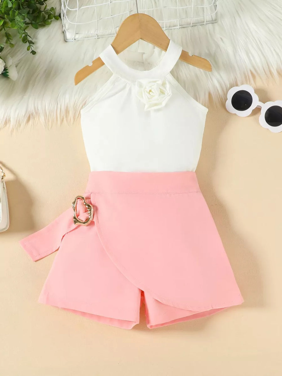 Toddler white halter top with floral applique and pink skort with belt detail