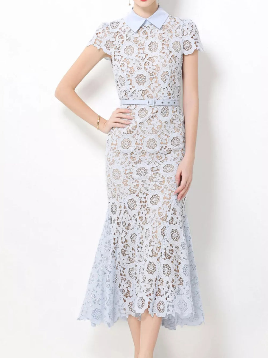 Light blue floral lace midi dress with cap sleeves, collar, and studded belt.