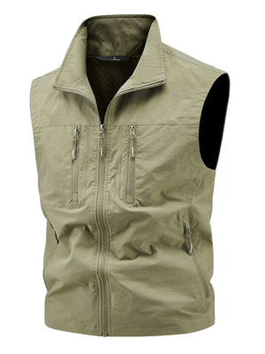 Khaki men's outdoor vest with multiple zippered pockets and a stand-up collar.