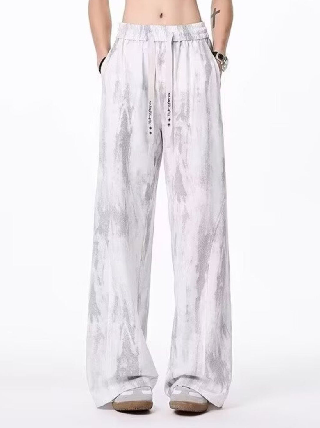 wide-leg pants in charcoal with tie-dye and drawstring
