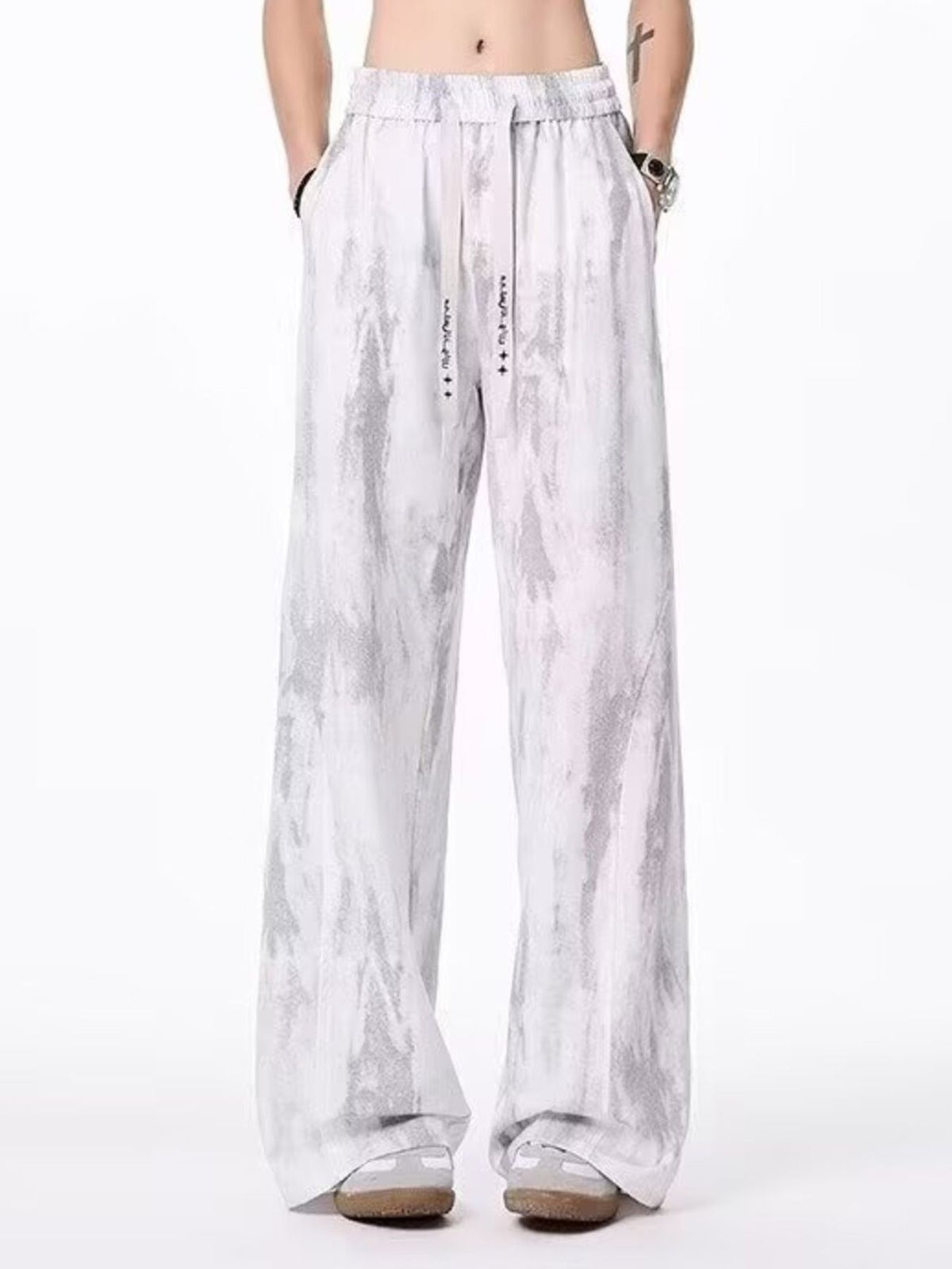 wide-leg pants in charcoal with tie-dye and drawstring