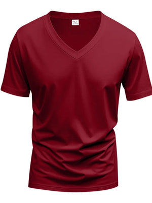 Burgundy V-neck t-shirt with a modern muscle fit and short sleeves.