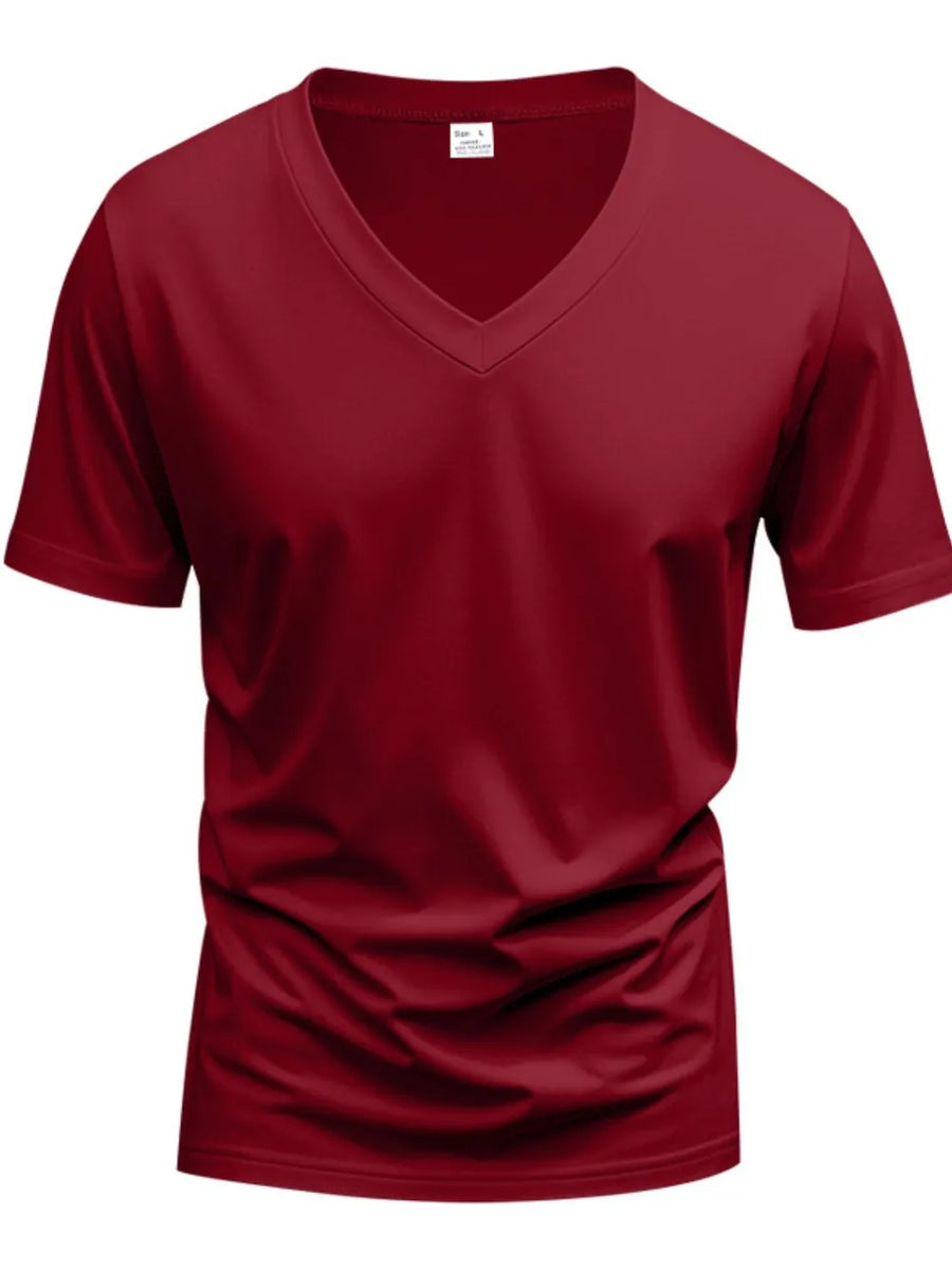 Burgundy V-neck t-shirt with a modern muscle fit and short sleeves.