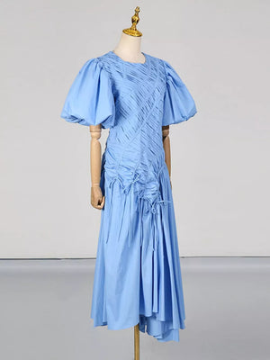 Blue Puff Sleeve Ruched Midi Dress