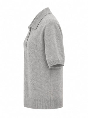 Wool Short-Sleeve Knitted Polo Shirt in Black with ribbed hem