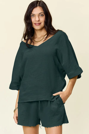 Deep Teal textured cotton half sleeve top and drawstring shorts set with frayed hem shorts.