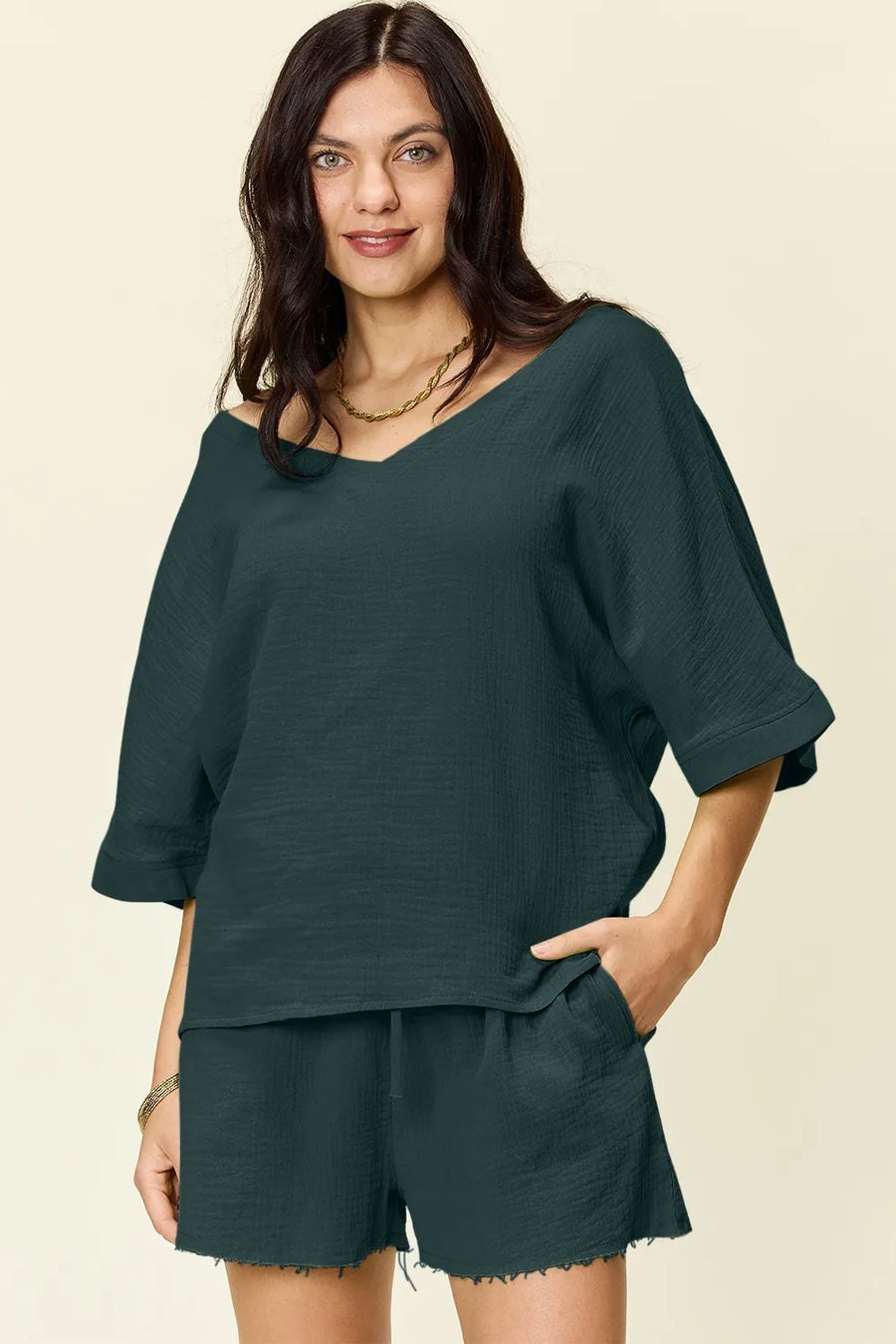 Deep Teal textured cotton half sleeve top and drawstring shorts set with frayed hem shorts.