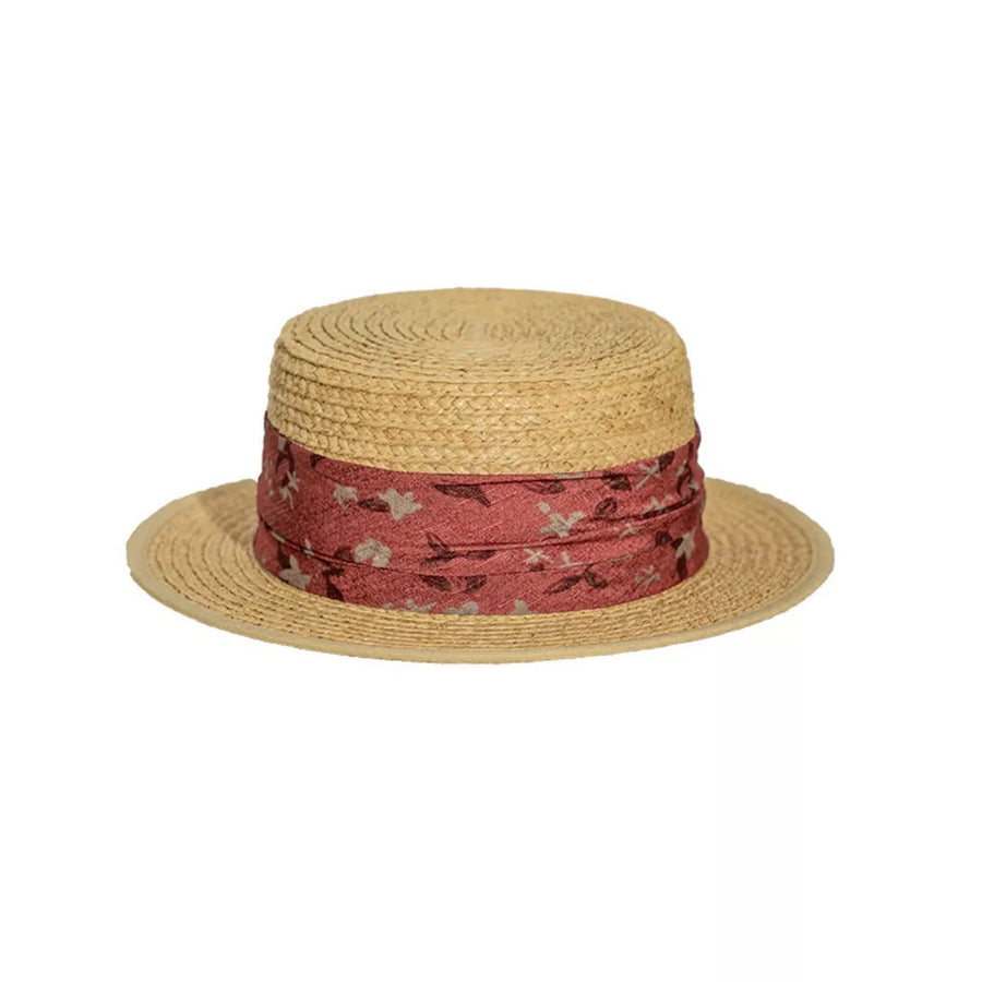 Straw boater hat with red floral band