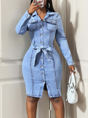 Blue shirt dress with midi and button-front