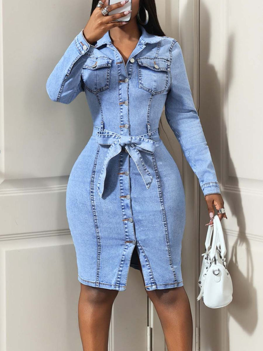 Blue shirt dress with midi and button-front