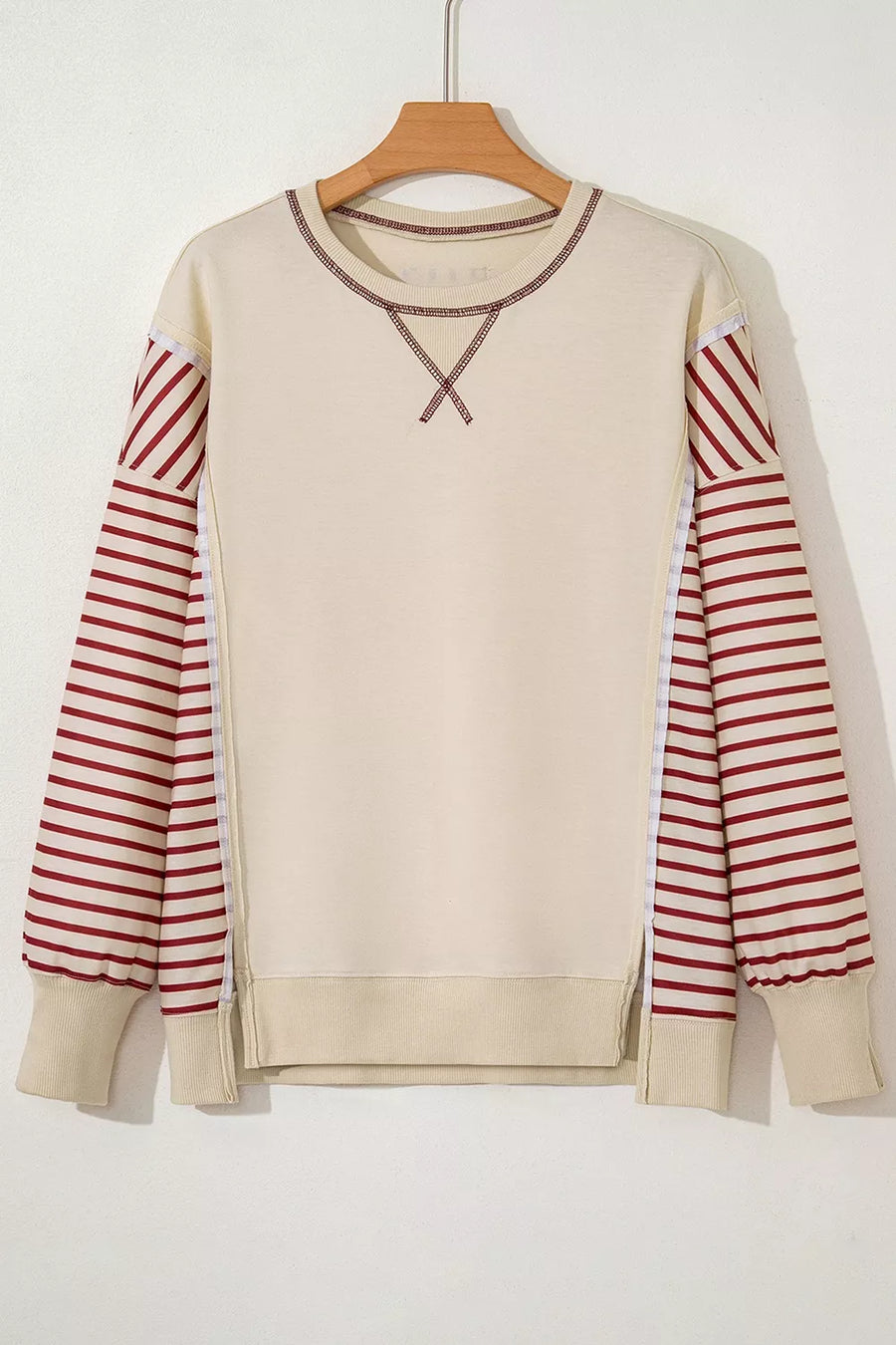 tan sweatshirt with hip-length and pullover