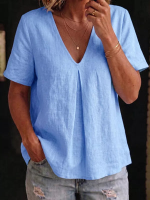Blue linen v-neck short sleeve top with front pleats