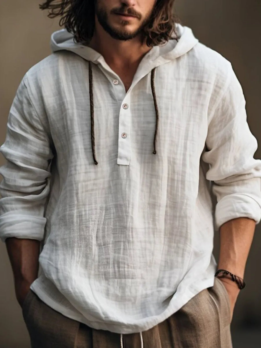 Linen Henley Hooded Pullover in Ivory with button placket and drawstring hood