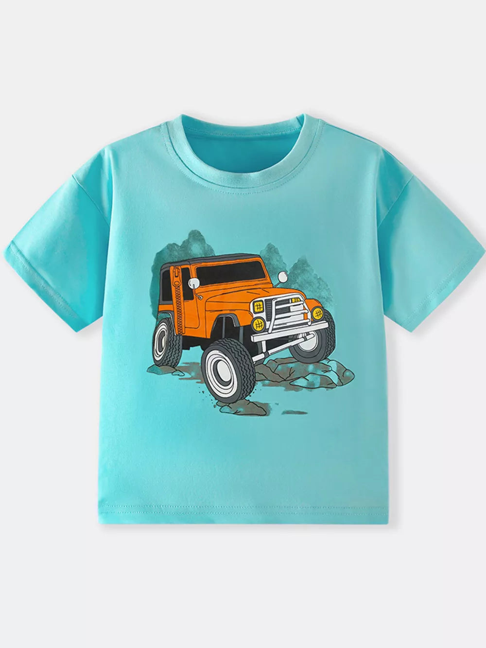 T-shirt with orange off-road vehicle graphic on light blue cotton.