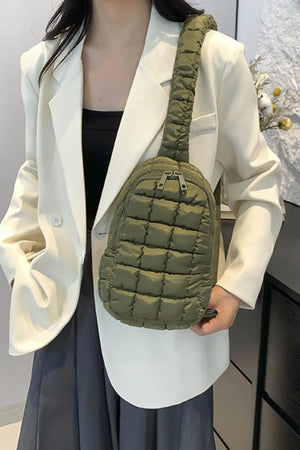 Padded sling bag in Army Green with quilted texture and top handle