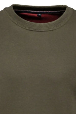 Army green crewneck sweatshirt with red lining and subtle patch detail on the inside neck.