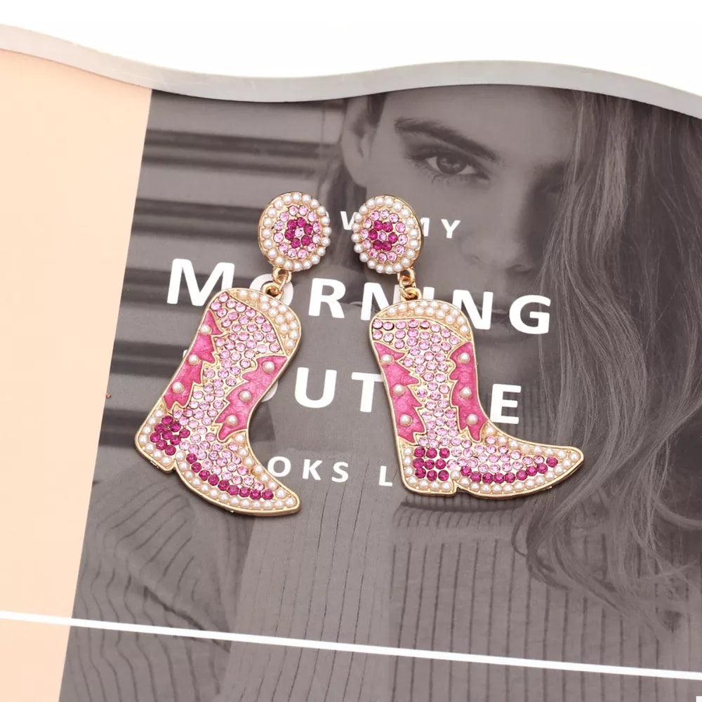 Dazzling rose red cowboy boot dangle earrings with pearls and rhinestones.