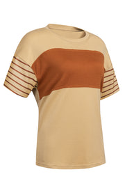 Colorblock raglan tee in tan and chocolate with striped sleeves and crew neck.