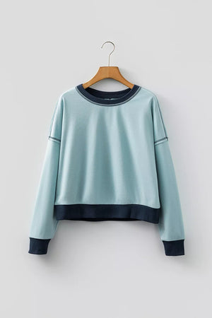 Pastel Blue with Contrast Edge Colorblock Crop Sweatshirt