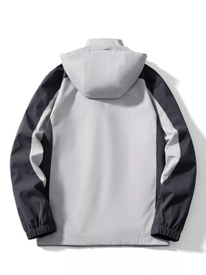 Men's plus-size colorblock waterproof jacket with hood in gray and dark gray.