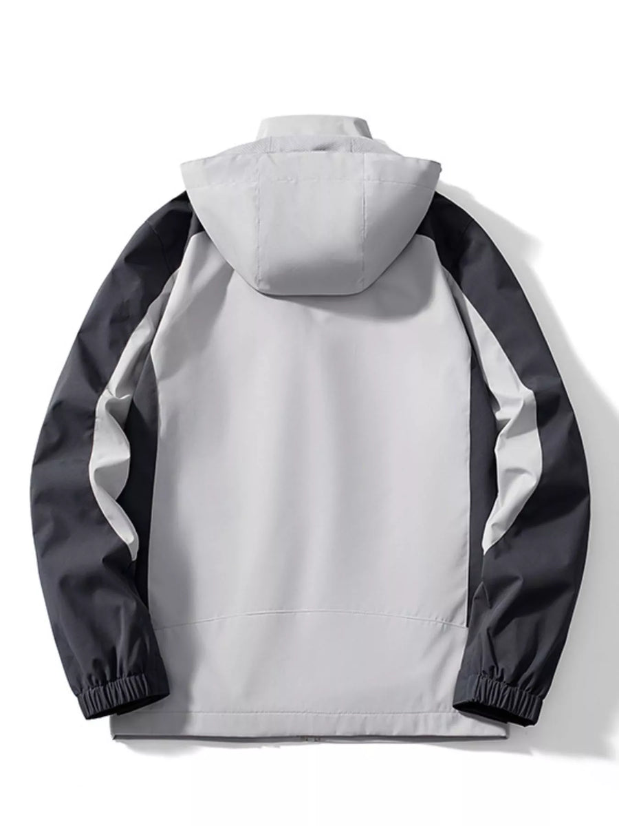 Men's plus-size colorblock waterproof jacket with hood in gray and dark gray.
