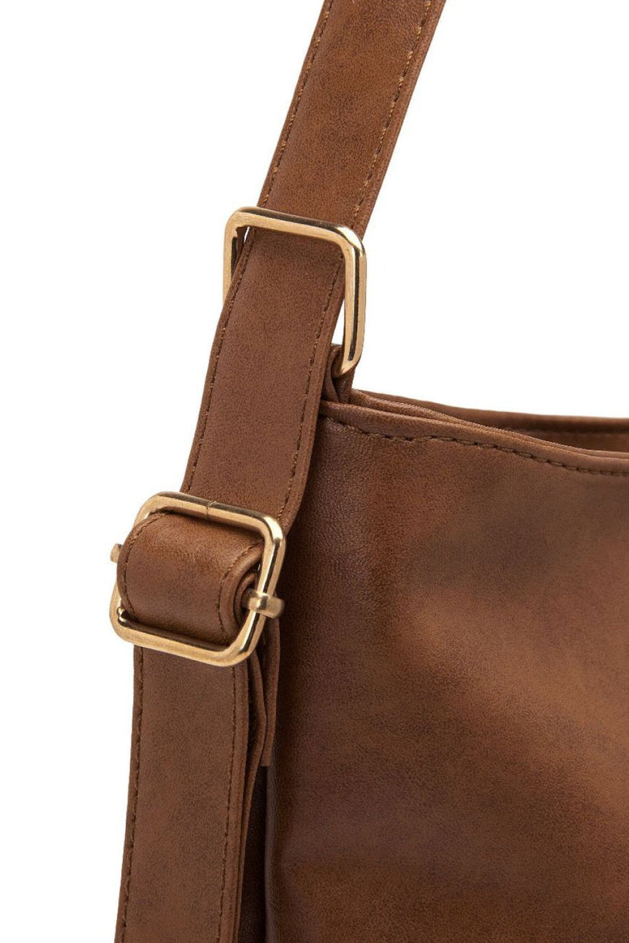 Earthy slouchy shoulder bag in chocolate brown faux leather with gold hardware detail.