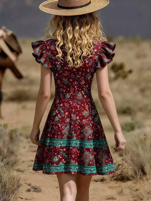 Burgundy Ruffled V-neck Mini Dress