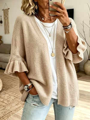 Full Size Ruffle Sleeve Open-front Cardigan Plus Size in cream with ruffle sleeve