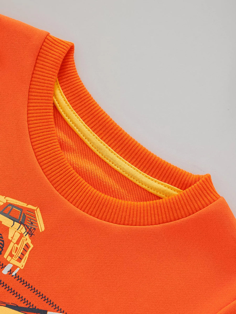 Orange children's sweatshirt with construction vehicle graphic and yellow neck trim.