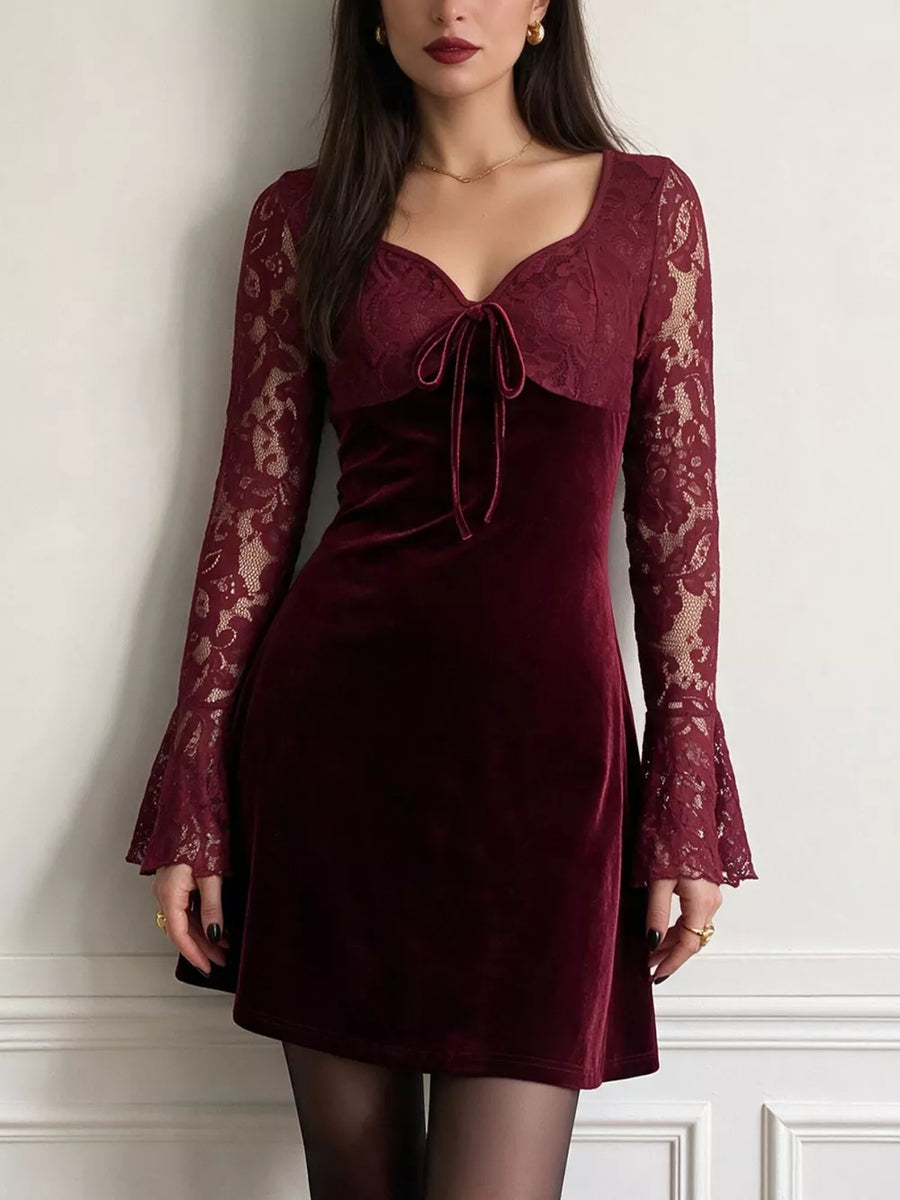 93% polyester, 7% elastane Care instructions: Machine wash cold mini dress in burgundy with fitted silhouette