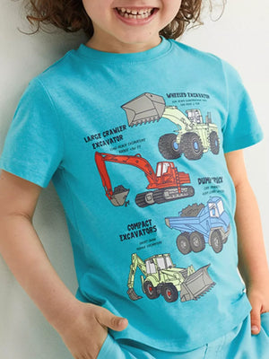 Turquoise cotton blend t-shirt with construction vehicle graphics and text.