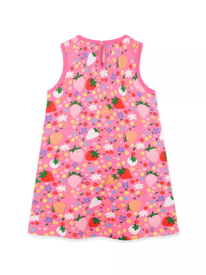 Toddler pink cotton dress with strawberry and floral print, sleeveless, round neck
