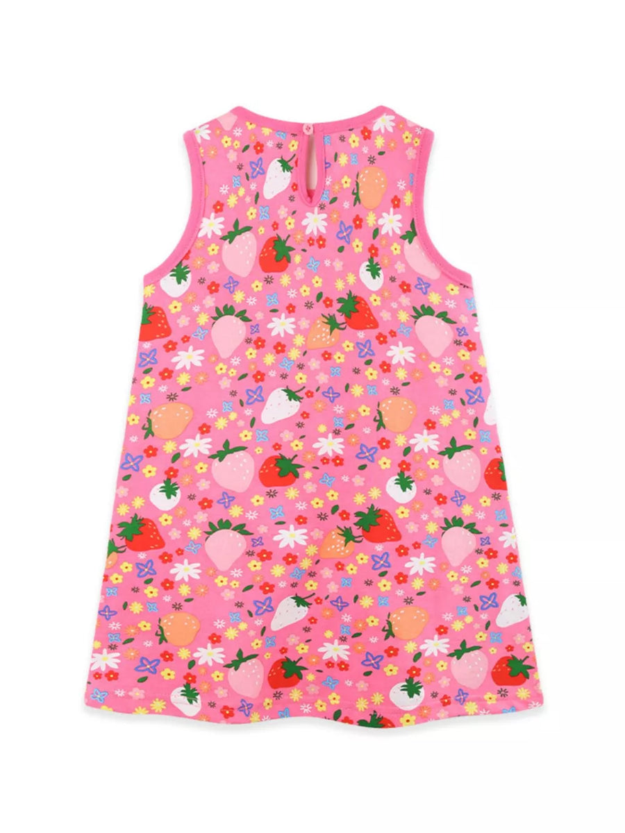 Toddler pink cotton dress with strawberry and floral print, sleeveless, round neck