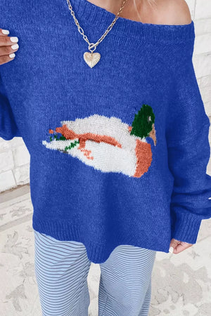 Royal Blue with Duck Graphic Drop Shoulder Sweater in Royal Blue
